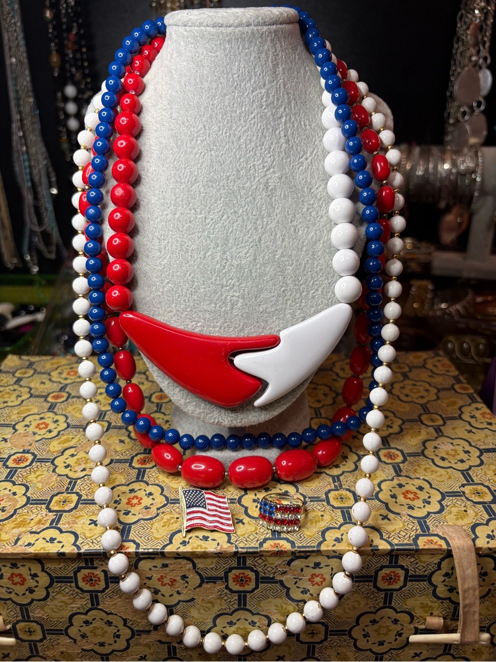 USA Spirit Costume Jewelry Lot ~ Red White Blue ~ Necklaces Pin Ring Patriotic